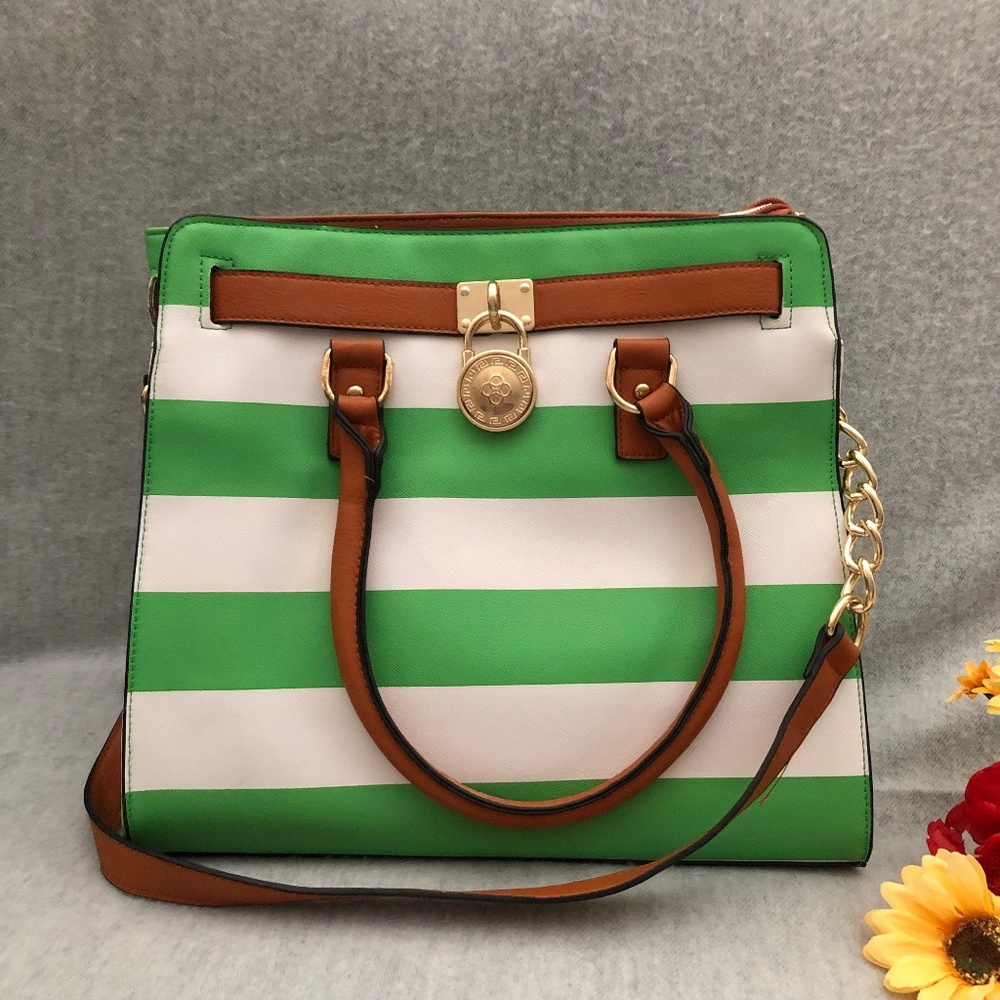 NWOT - Green & White Rugby Striped Bag